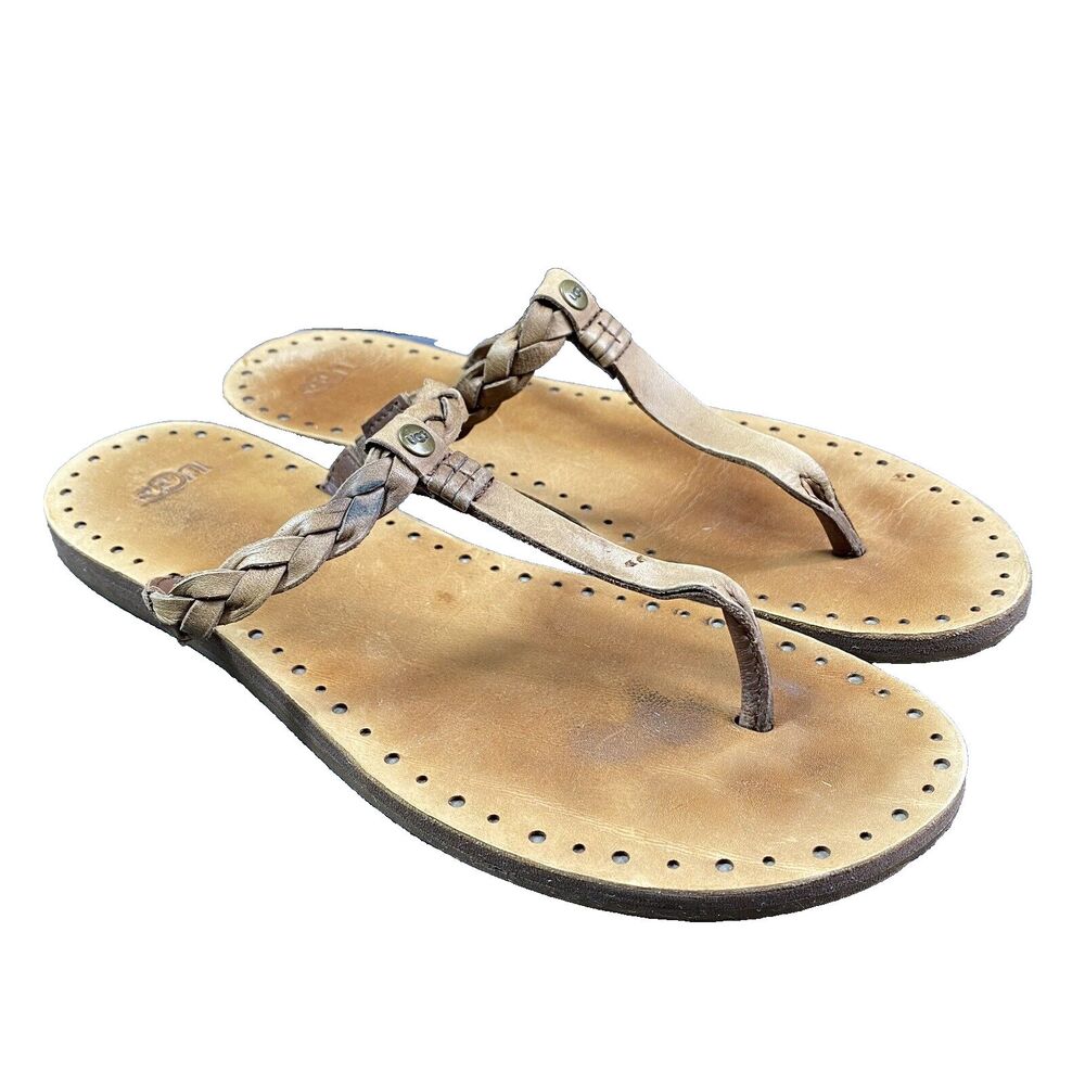UGG Tan Leather Braided Thong Sandals